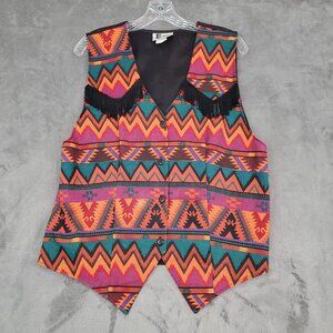 Vintage 90s Jeans Wear Orange Teal Aztec Fringed Button Up Vest Waistcoat Size L